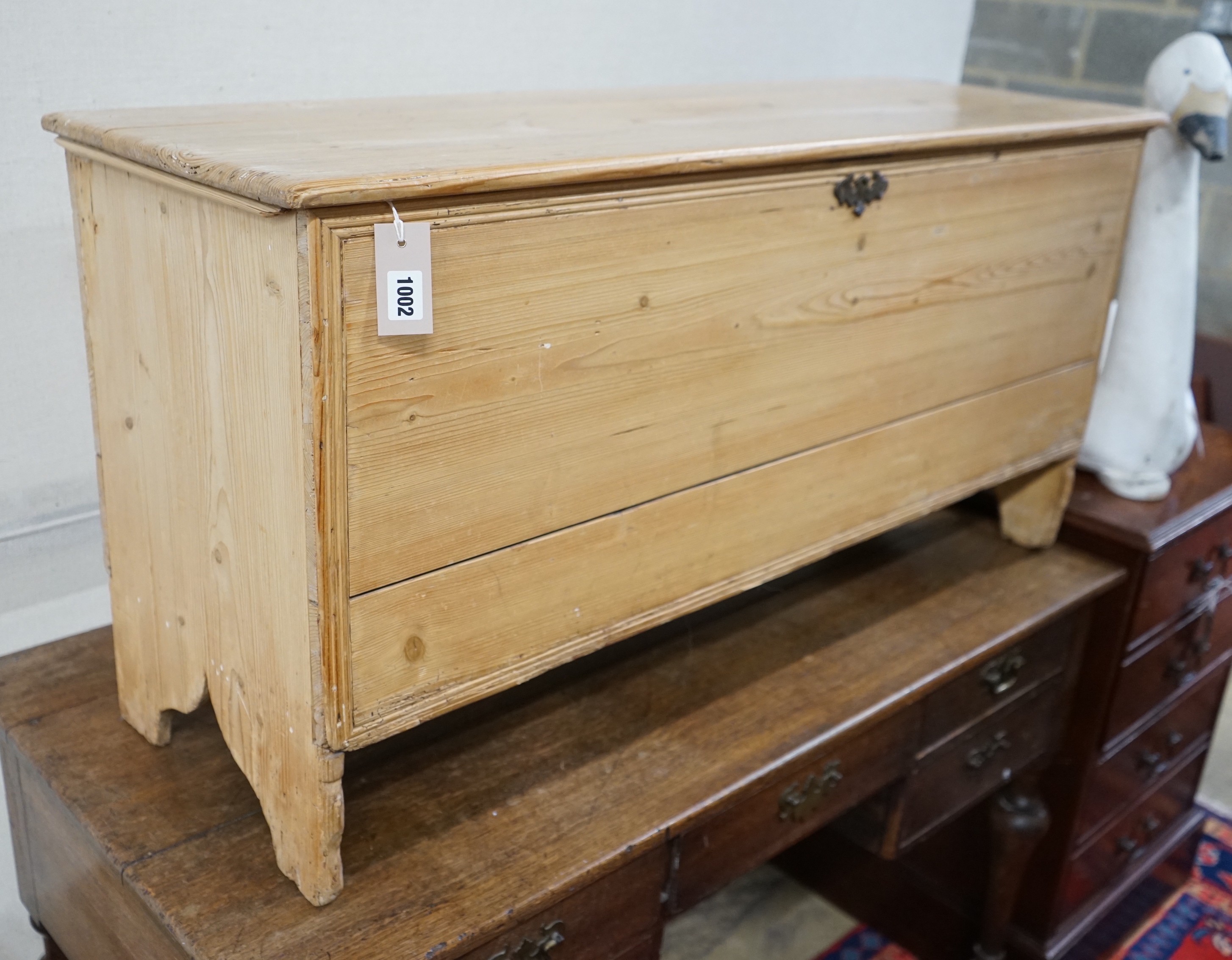 An early 19th century pine coffer, length 113cm, depth 38cm, height 55cm